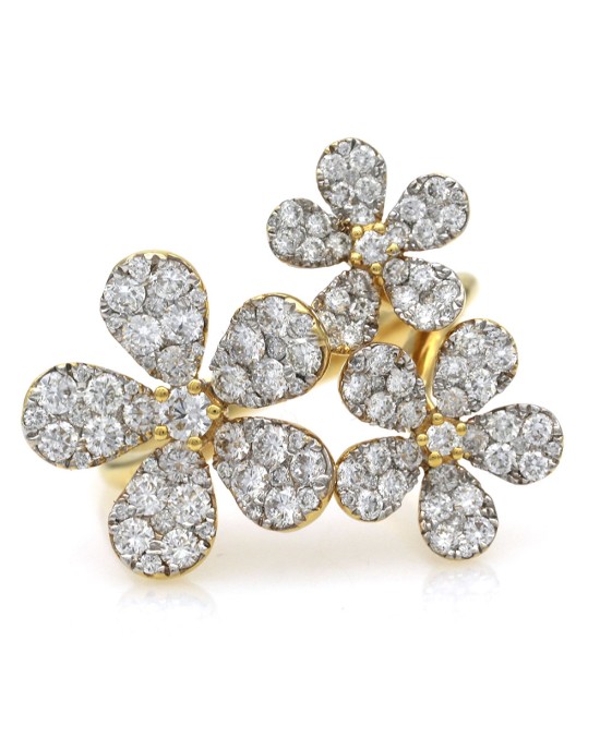 Diamond Pave Triple Flower Ring in Yellow Gold